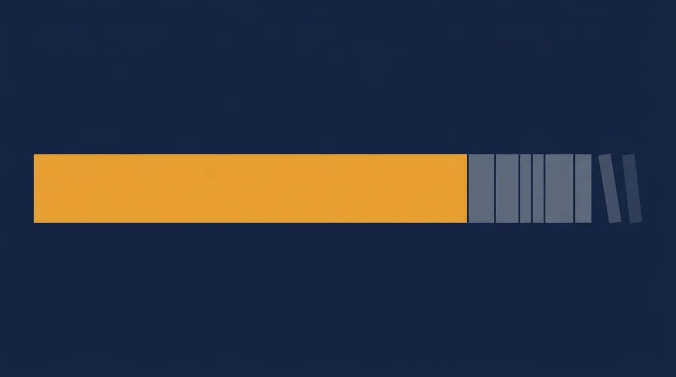 Illustration of a long amber bar filling most of a horizontal band on a dark navy field, with a short row of grey blocks at the right end and two of them tipped over and falling away.