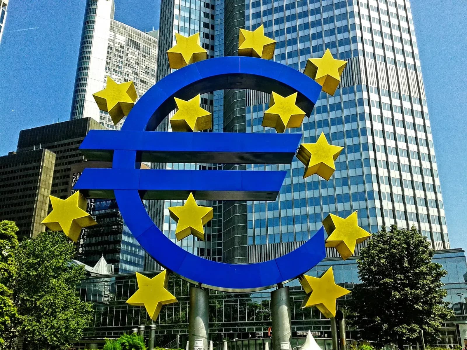 Euro sign sculpture outside the European Central Bank headquarters in Frankfurt