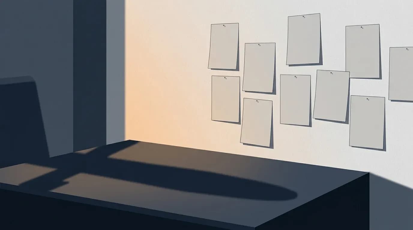 An illustration of plain sheets of paper pinned to a pale wall above a dark desk, with light falling across the wall.
