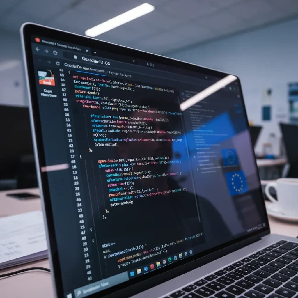 Open-source code on a laptop screen with EU flag reflection, representing the EU age verification app published on GitHub