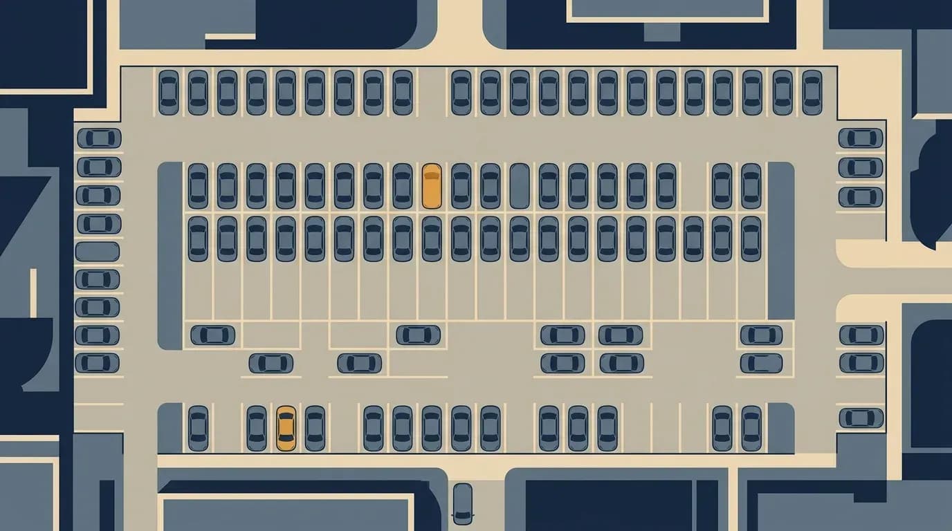 Flat illustration of neat rows of identical cars parked in a corporate car park, seen from above.