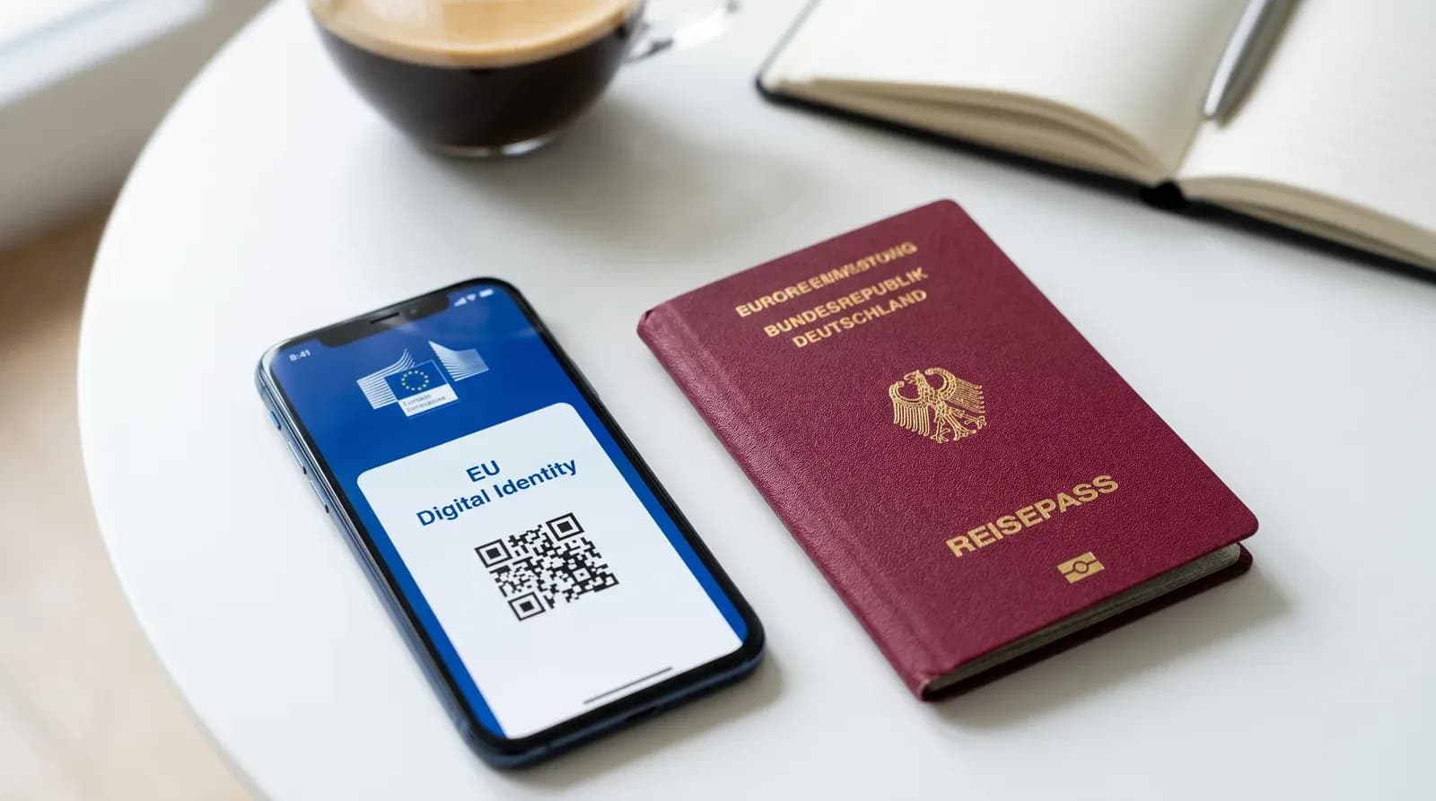 A German Reisepass next to a smartphone displaying the EU Digital Identity wallet app