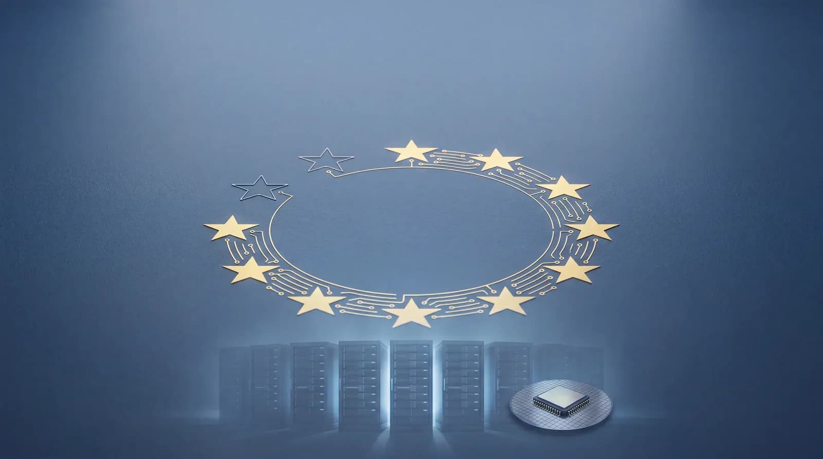 EU stars rendered as a circuit board above data centre server racks and a semiconductor chip, illustrating European AI sovereignty and chip supply chains