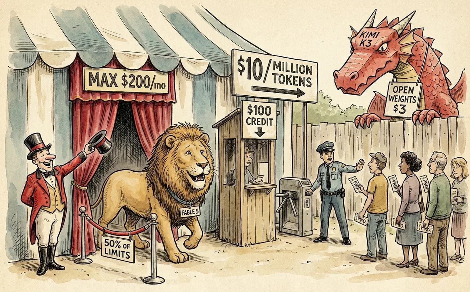 Editorial cartoon: a circus ringmaster welcomes a lion labelled Fable 5 into a plush VIP tent labelled Max $200/mo at 50% of limits, while ticket-holders with Pro tickets are diverted to a $10-per-million-tokens turnstile past a $100 credit booth, and a giant red dragon labelled Kimi K3 with an Open Weights $3 sign looks over the fence