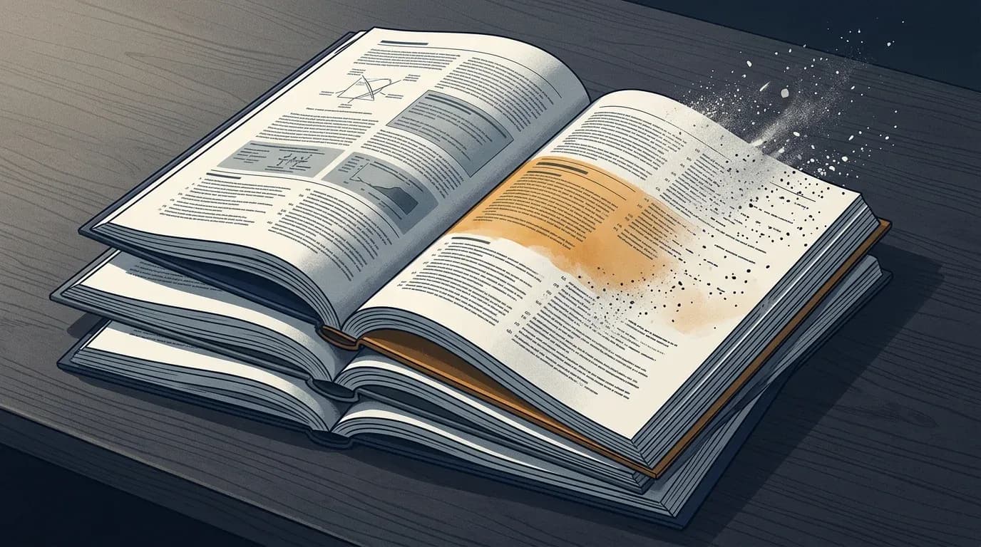 Illustration of an open academic journal whose printed reference lines dissolve into drifting particles at the edge of the page