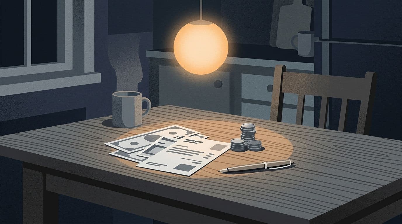 Illustration of a glowing light over a kitchen table with household bills and coins.