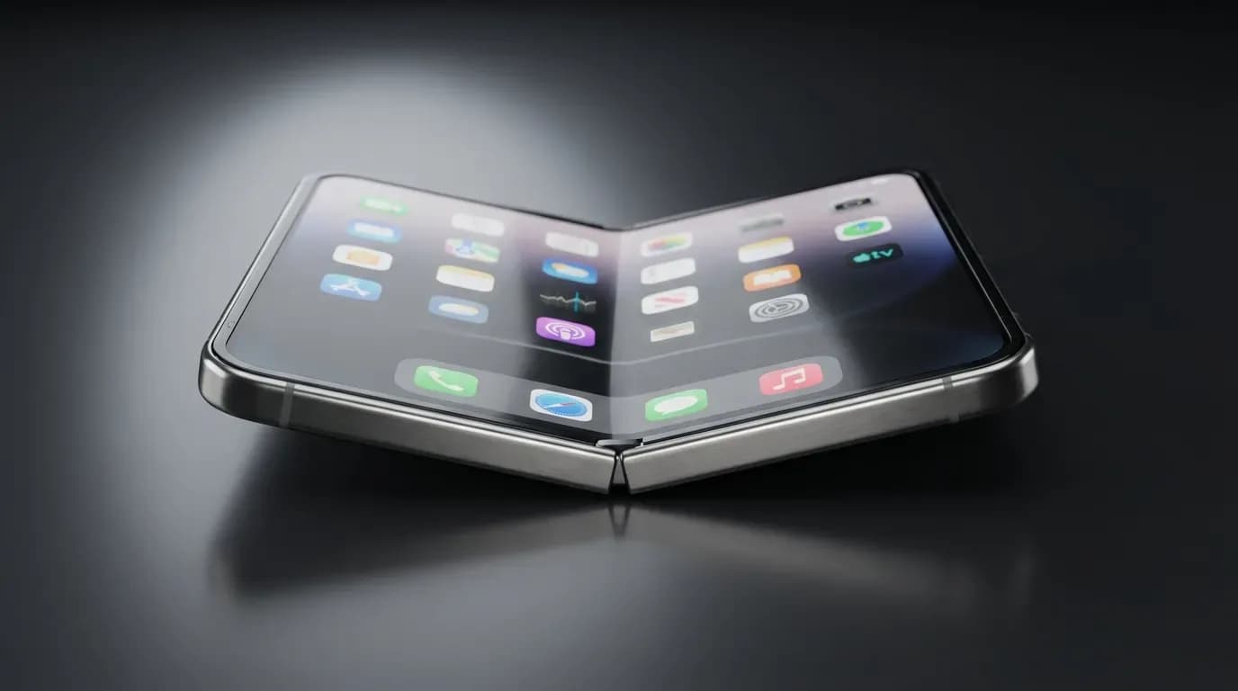 Concept render of a foldable iPhone Ultra opened nearly flat, its continuous inner display spanning two panels across a single titanium hinge