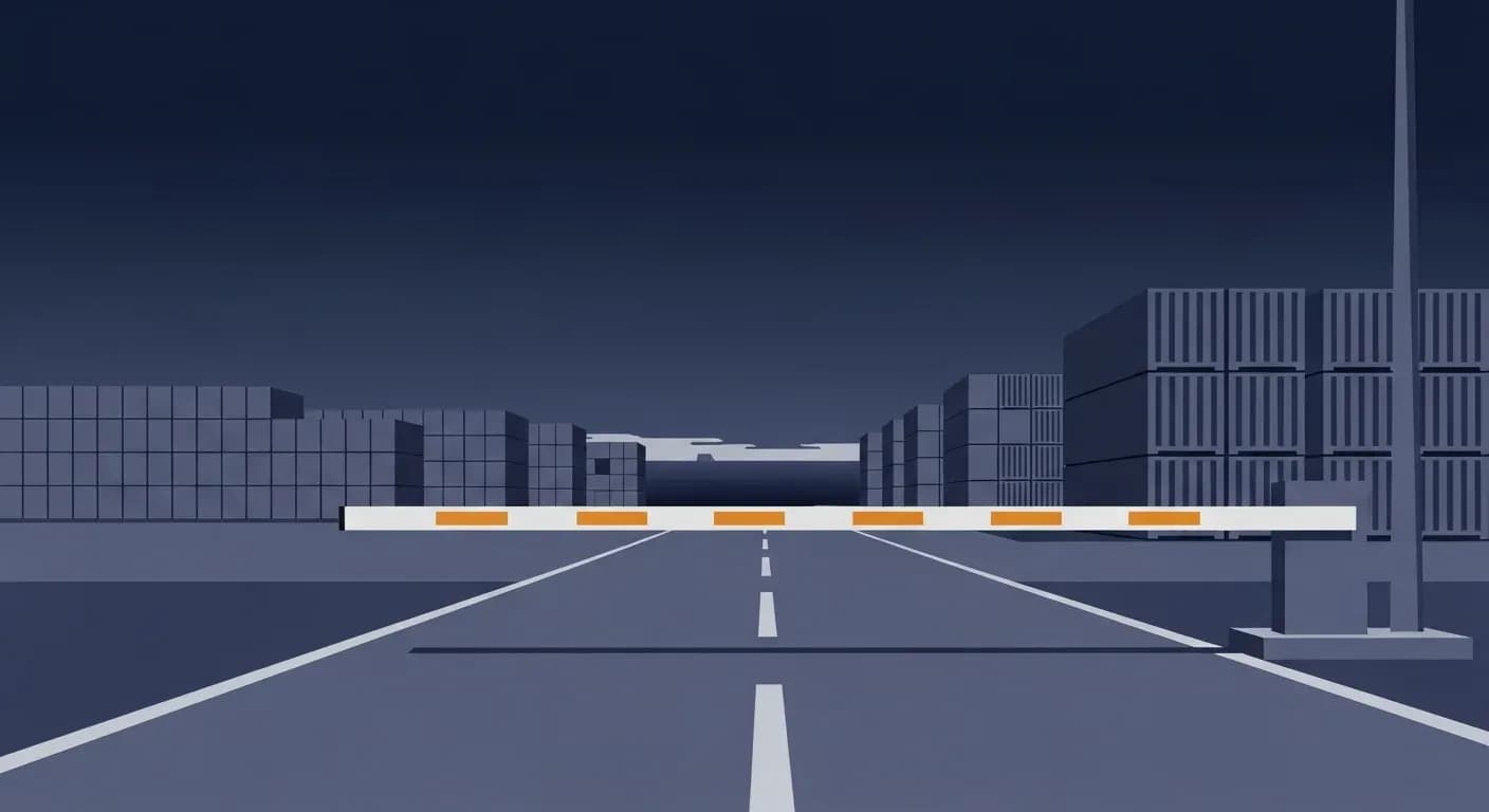 Illustration of a customs barrier lowered across a road leading into a container port