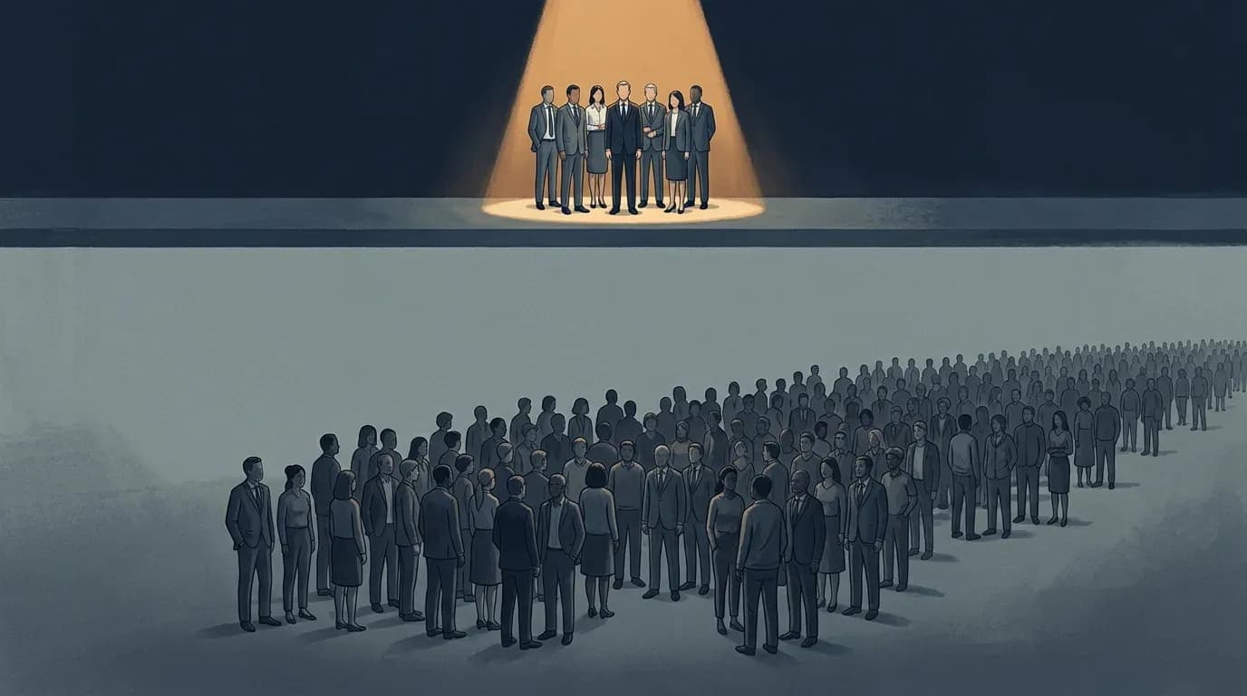 Illustration of a small brightly lit group of people standing on a raised platform above a much larger crowd standing in shadow below