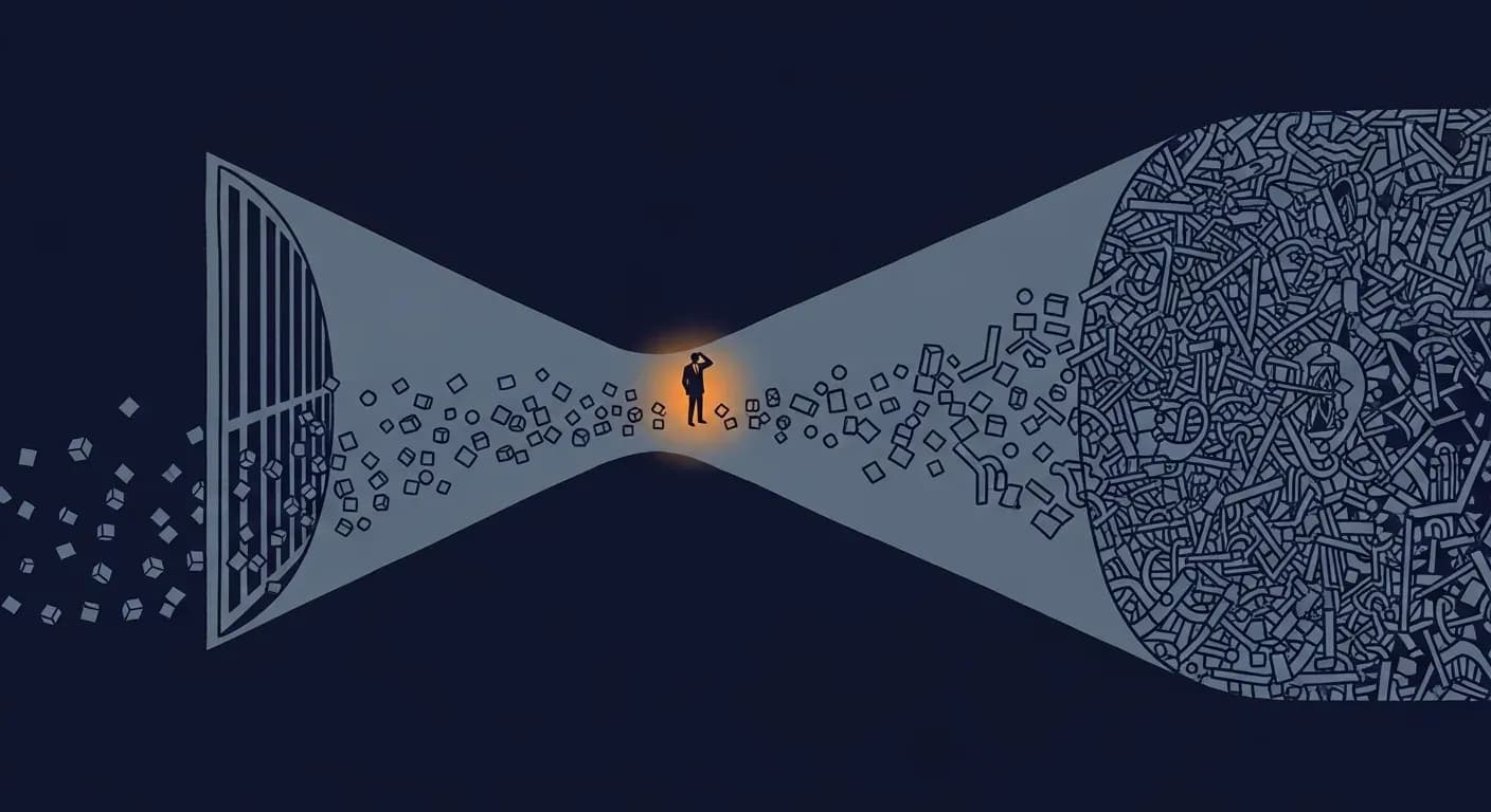 Illustration of AI-powered software discovery narrowing into a complex evaluation maze for enterprise buyers
