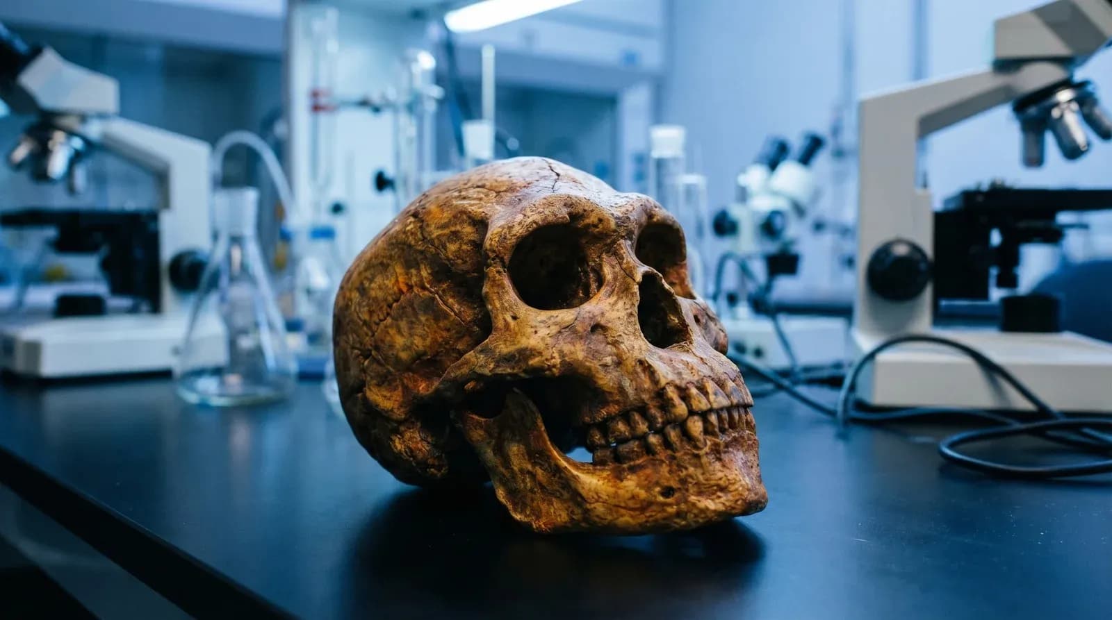 Ancient hominin skull on a laboratory table, illustrating the fossil at the center of Genes of the Past