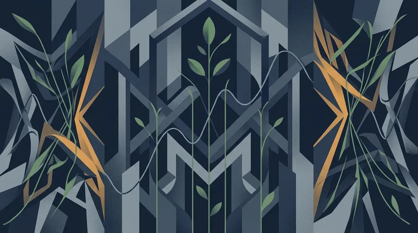 Illustration of slender green plant stems rising through overlapping grey and navy angular shapes with a pale line arcing across them.