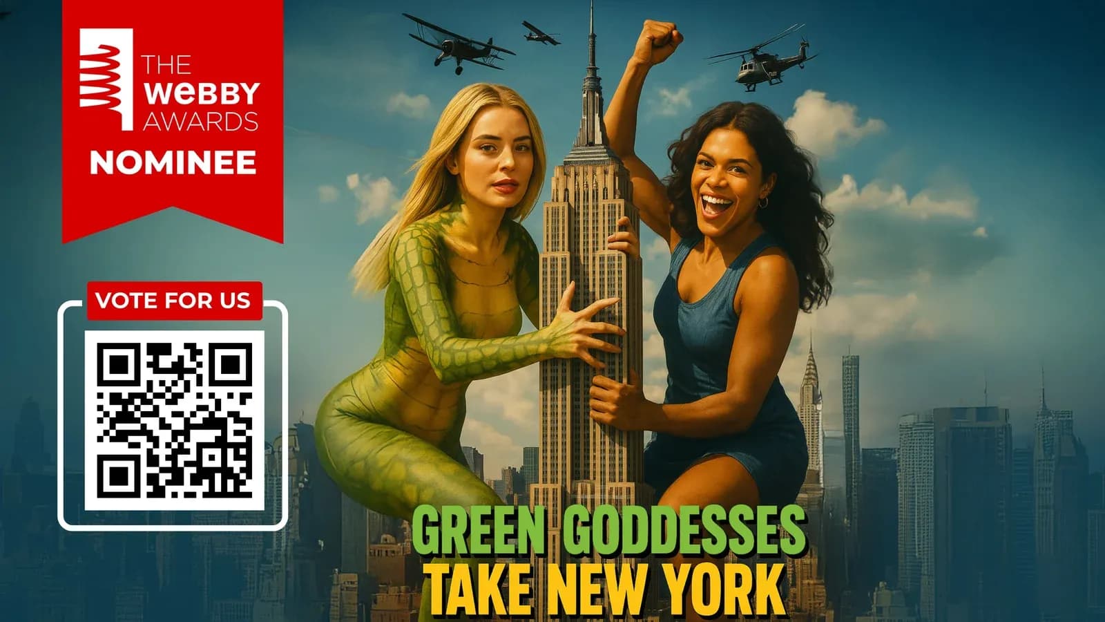 Green Goddesses Take New York Webby Award nominee promotional image with voting QR code
