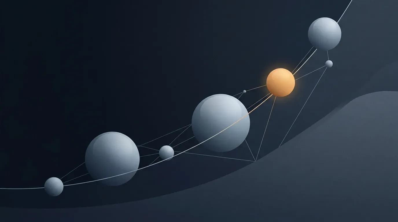 Illustration of abstract luminous spheres rising along a curve with one amber sphere ahead, representing an AI model reaching top performance at low cost