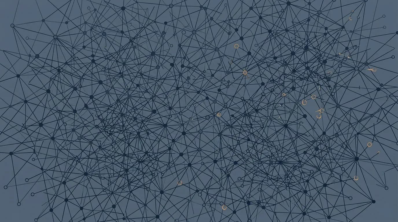 Illustration of a dense network of connected nodes in which some links end in empty space instead of a node.