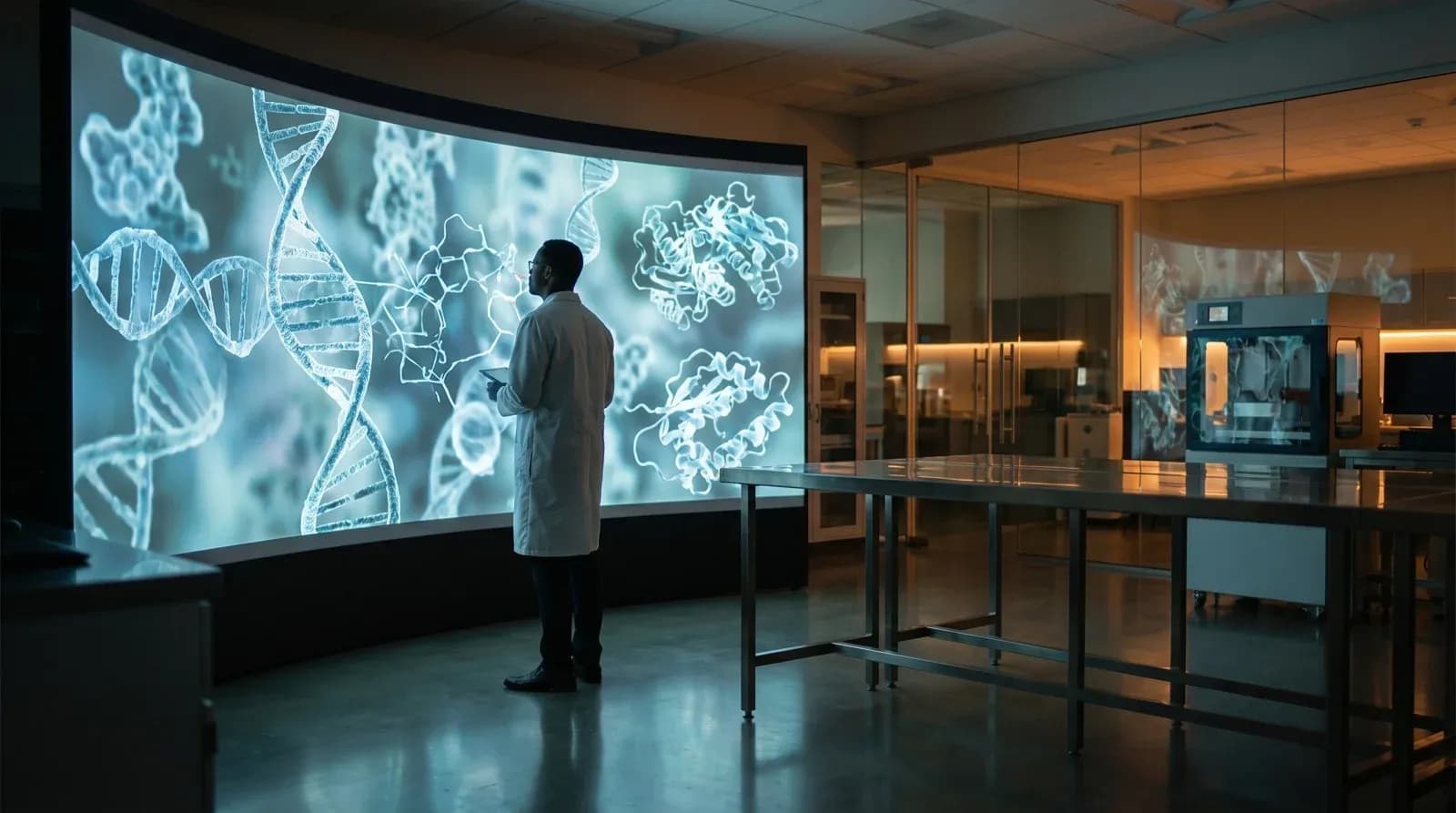 Scientist reviewing 3D molecular visualisations of DNA and protein structures on a curved display in a dark biotech laboratory