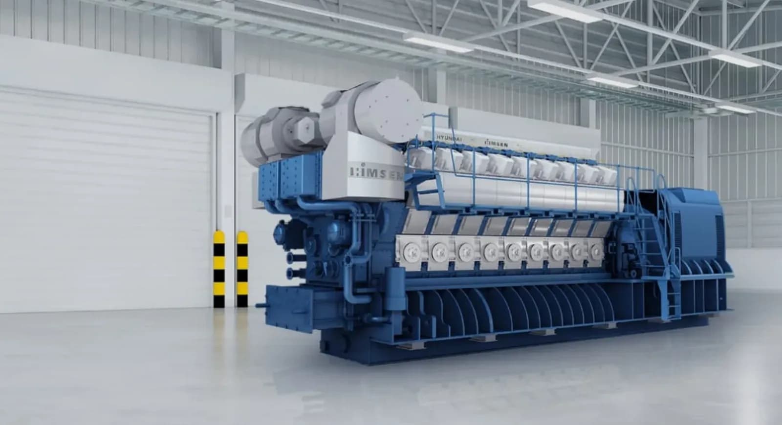 A large HD Hyundai HiMSEN reciprocating engine generator set on its steel skid inside an industrial workshop bay.