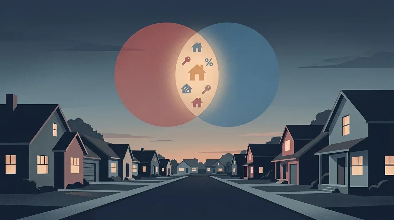Editorial illustration of a suburban street of single family homes beneath two overlapping translucent circles suggesting bipartisan common ground