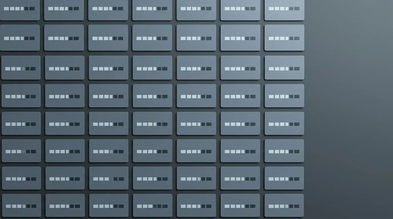 Illustration of a large grid of identical grey tiles, each showing the same row of small square rating markers, with no tile highlighted above the others