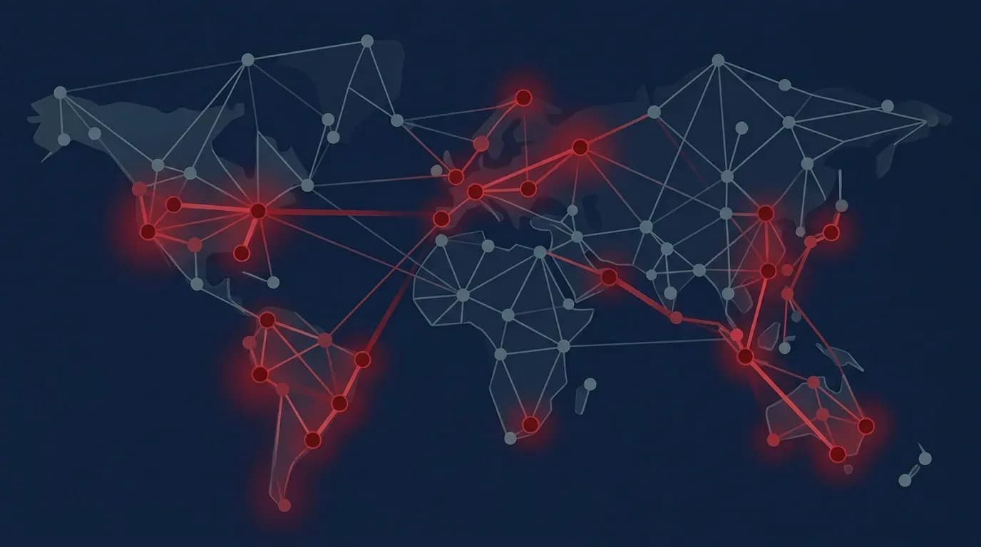 Illustration of interconnected network nodes, some compromised, representing the surge in data breaches in 2026