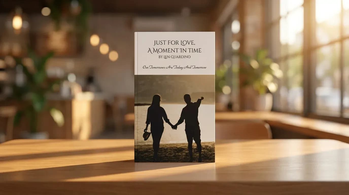 Just For Love, A Moment In Time by Len Guardino, displayed on a cafe table in warm light
