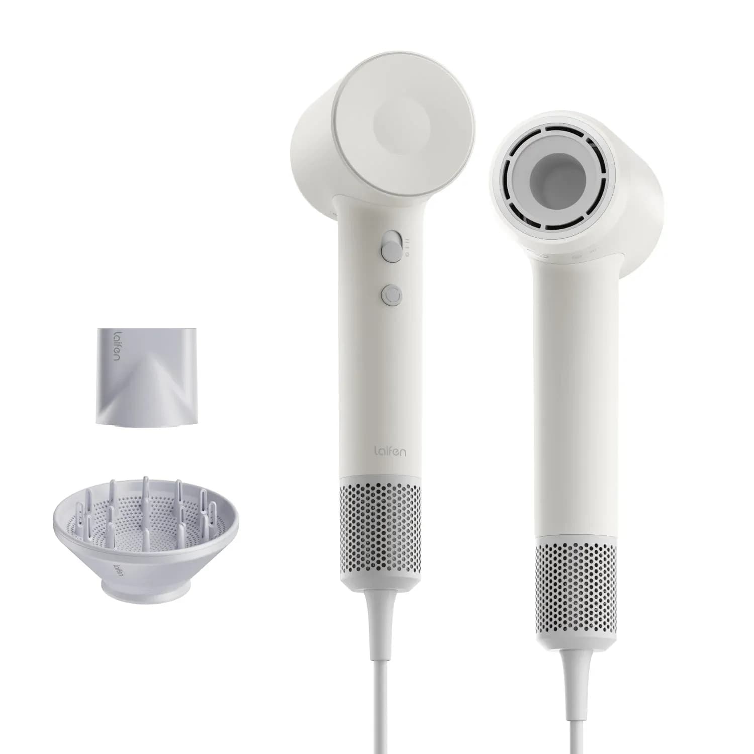 Laifen SE high-speed hair dryer in white with diffuser and nozzle attachments
