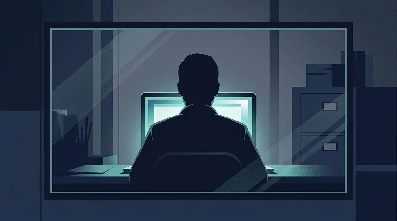 Illustration of an anonymous silhouetted figure at a glowing laptop seen through a frame, representing a hidden remote infiltrator