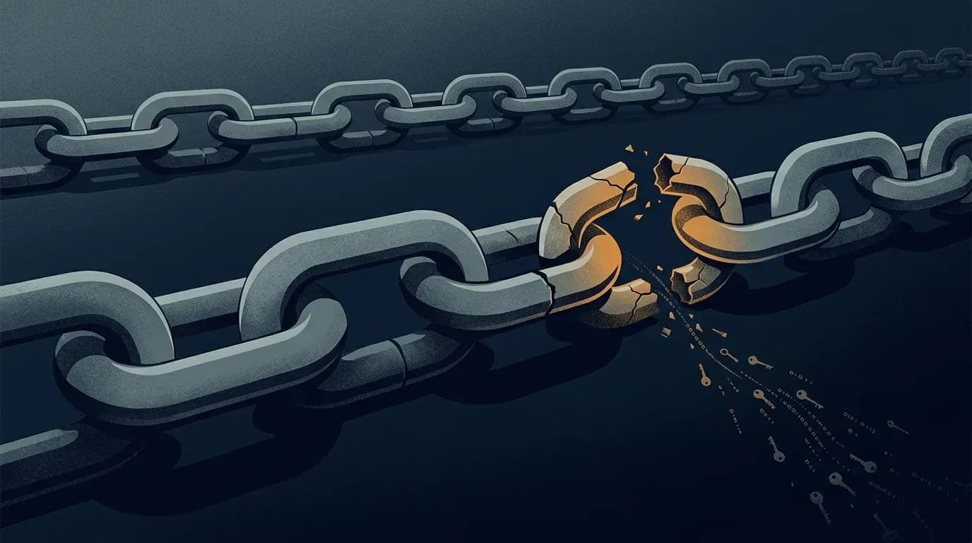Illustration of a broken link in a metal chain with keys spilling out, representing a software supply-chain breach