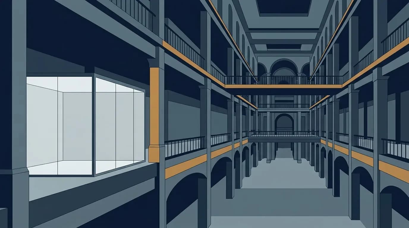 Illustration of a small empty glass walled enclosure standing at the edge of a large multi storey trading hall.