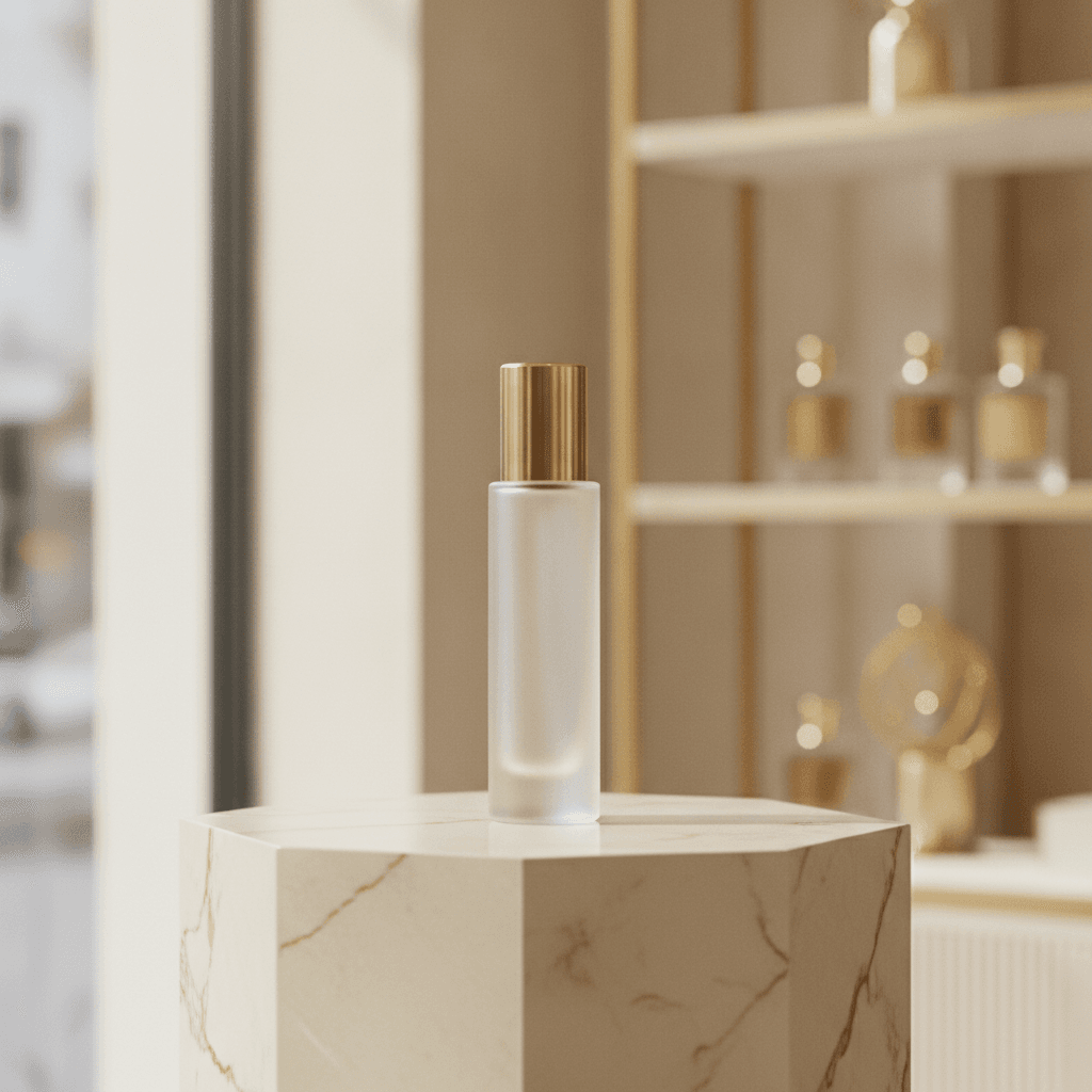 A perfume bottle on marble in a luxury setting, representing the prestige beauty market