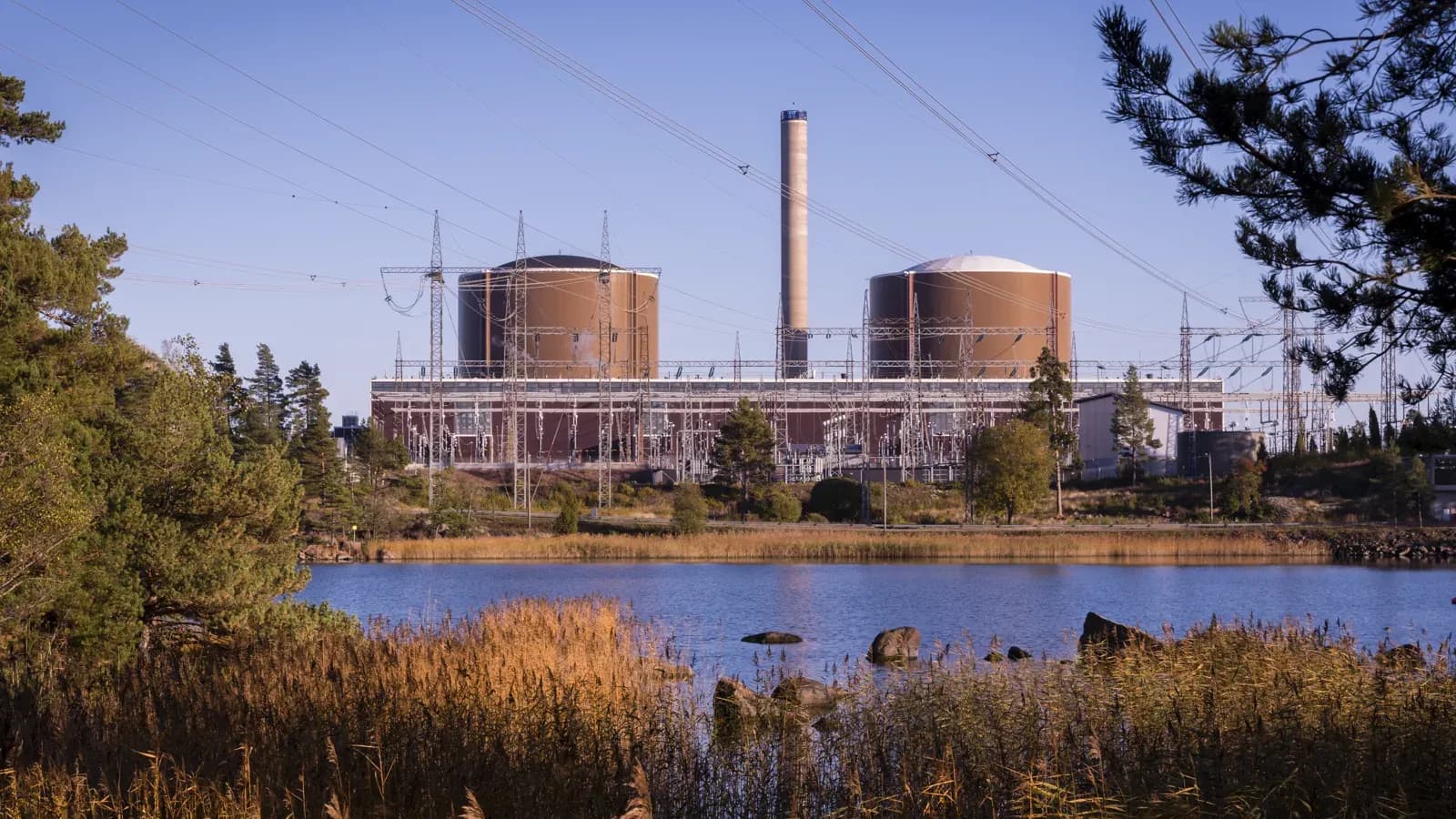 The Loviisa nuclear power plant on Finland's south coast, its two reactor containment domes and a tall stack behind a lake and reeds.