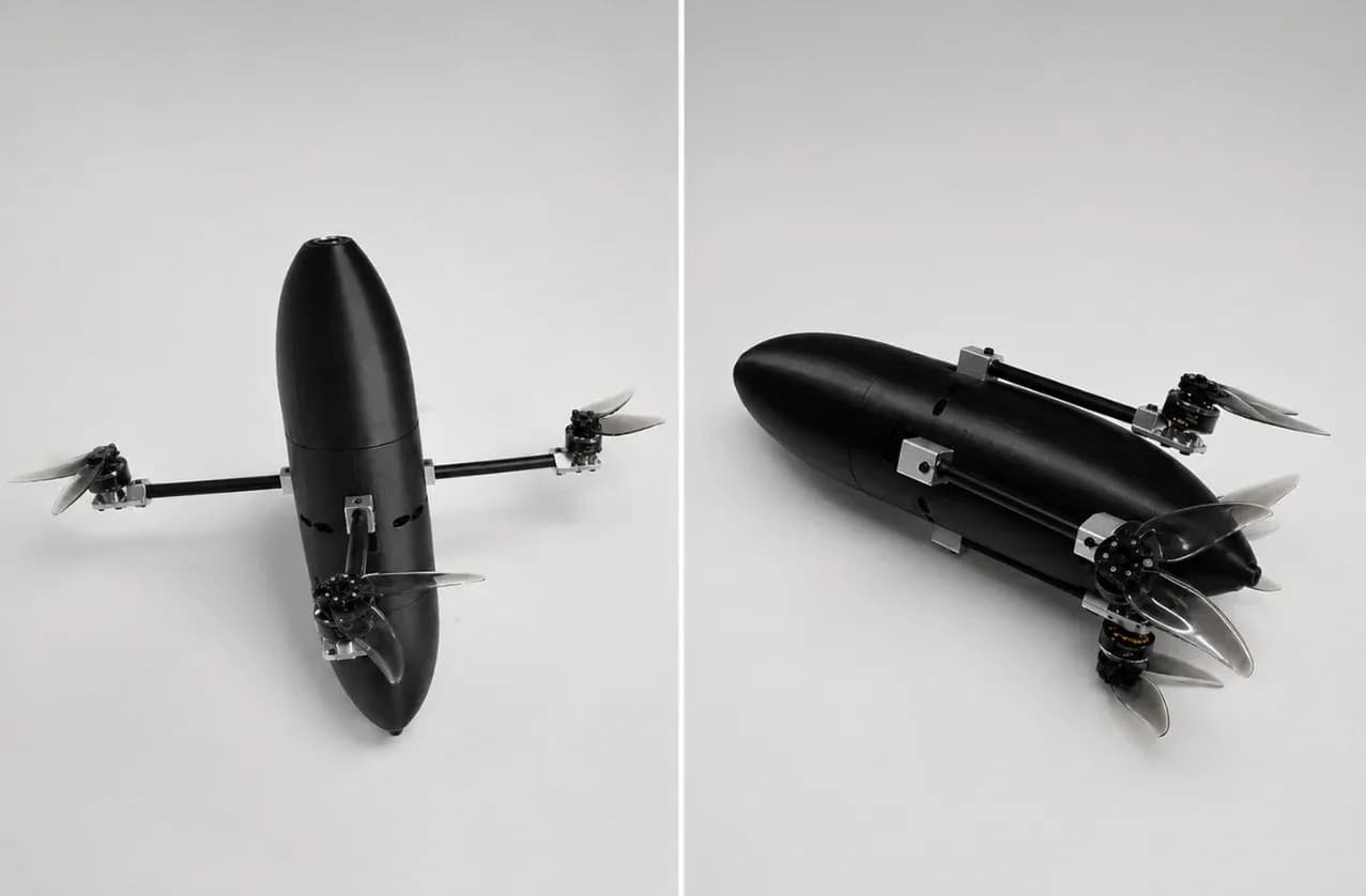 Mara's Seeker interceptor drone with folding arms, shown extended and folded