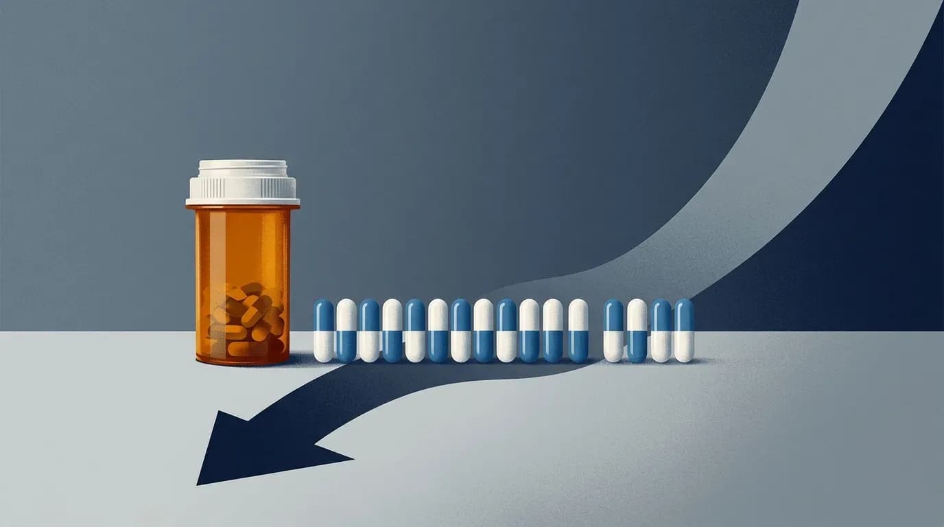 Illustration of medicine capsules and a prescription pill bottle with a downward arrow, representing drug prices