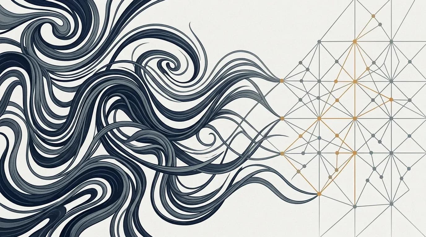 Illustration of turbulent fluid currents resolving into an ordered geometric lattice