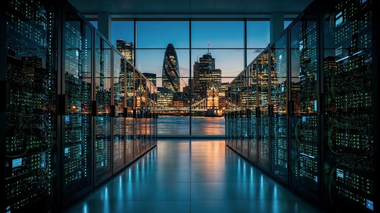 AI data centre server racks with London skyline at dusk