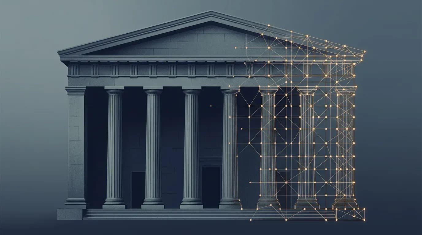 Illustration of a classical stock exchange facade dissolving into a glowing blockchain network grid, representing tokenized securities