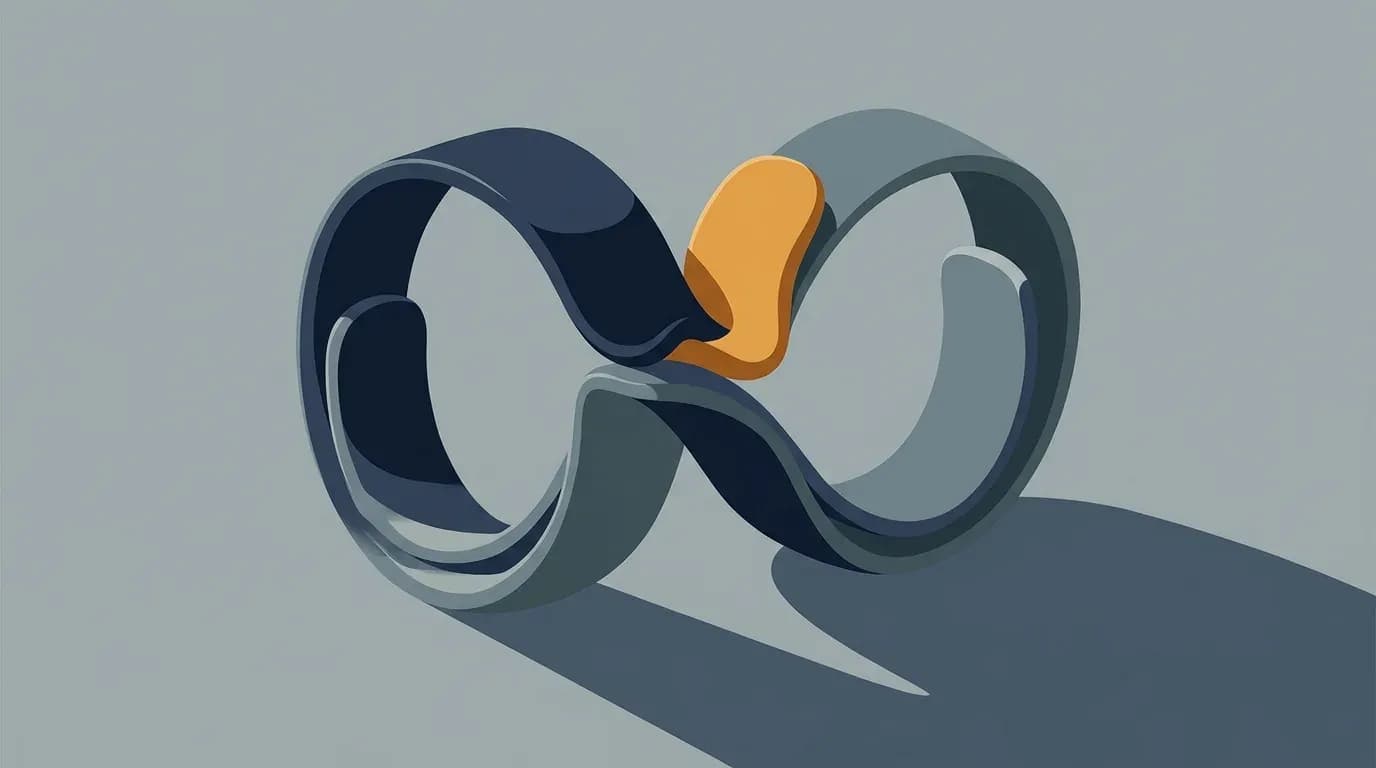 Illustration of two interlocking abstract ribbon forms meeting at a central point, with a small orange shape seated in the join where they fit together.