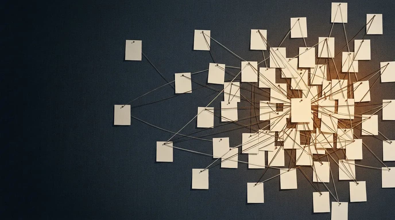 Illustration of many small blank paper slips pinned across a dark wall and linked by fine threads.