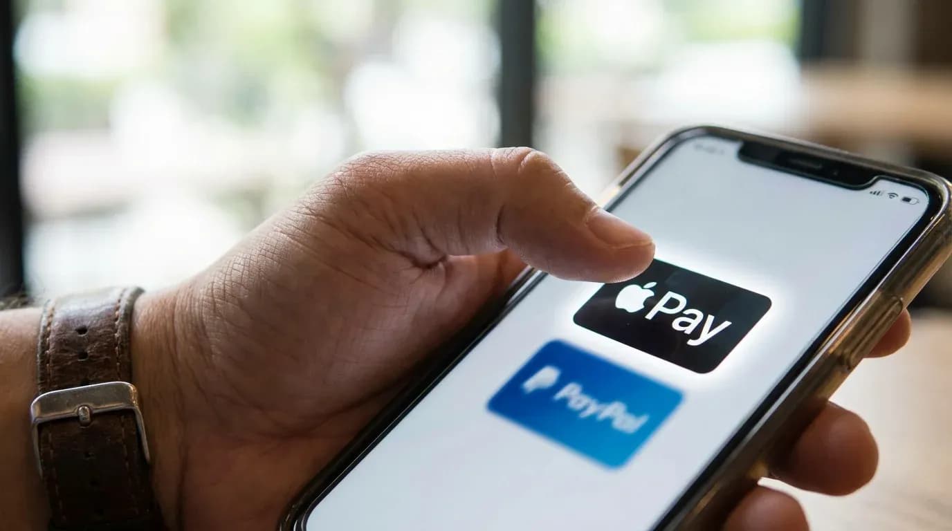 A person choosing Apple Pay over PayPal on a smartphone checkout screen