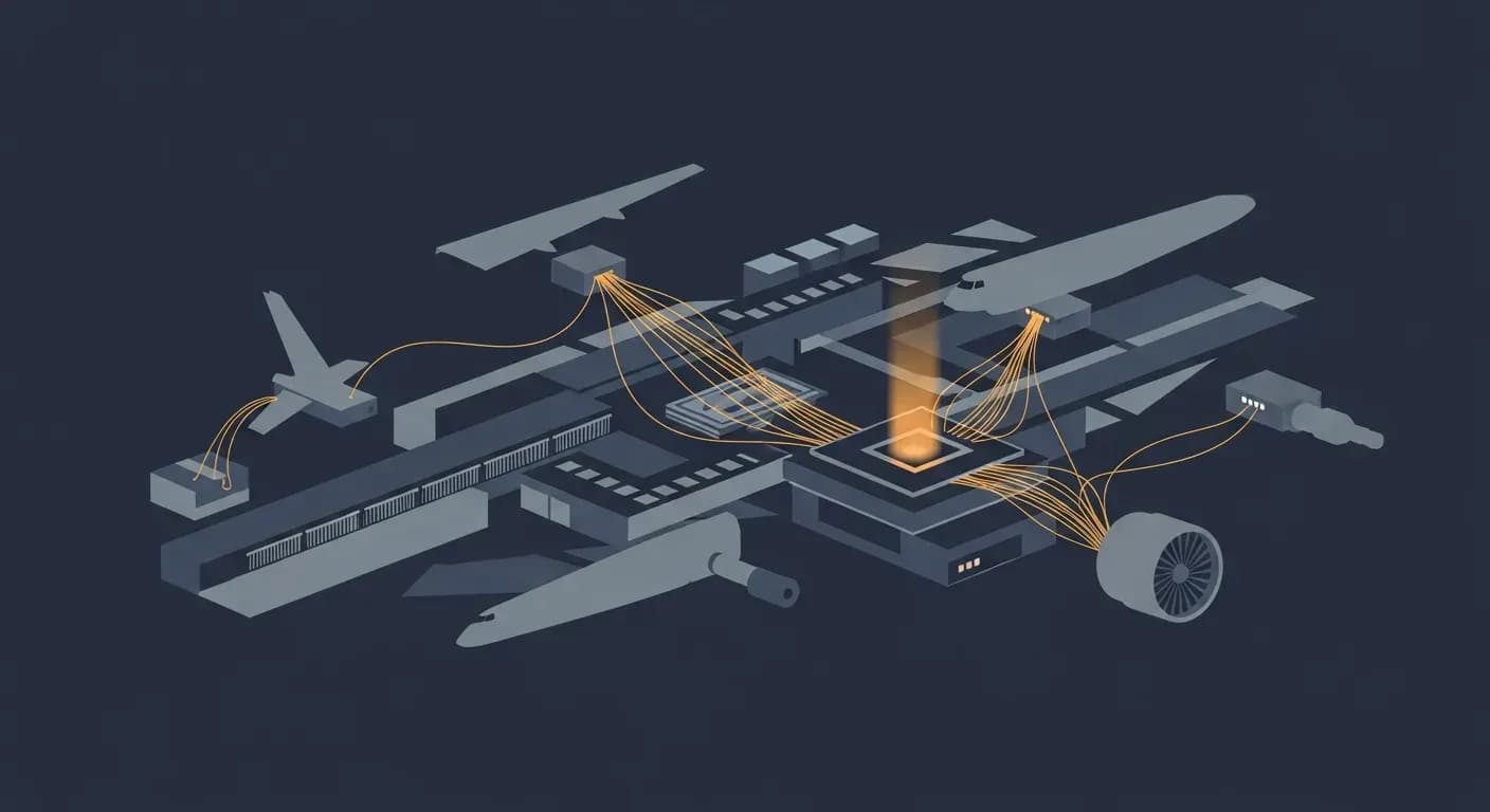 Abstract illustration of interconnected factory production lines and aircraft components linked by data threads