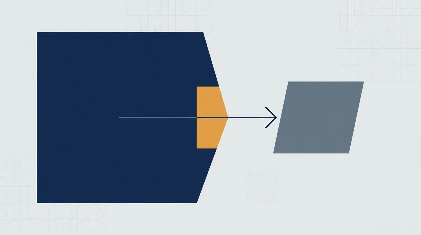 Abstract illustration of one company being drawn into a larger one, representing an acquisition