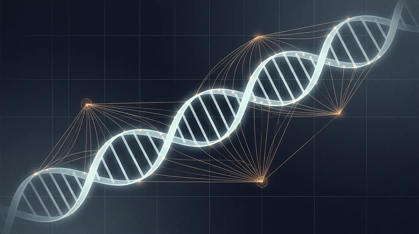 Illustration of a glowing DNA double helix with fine threads linking points along the strand over a dark grid