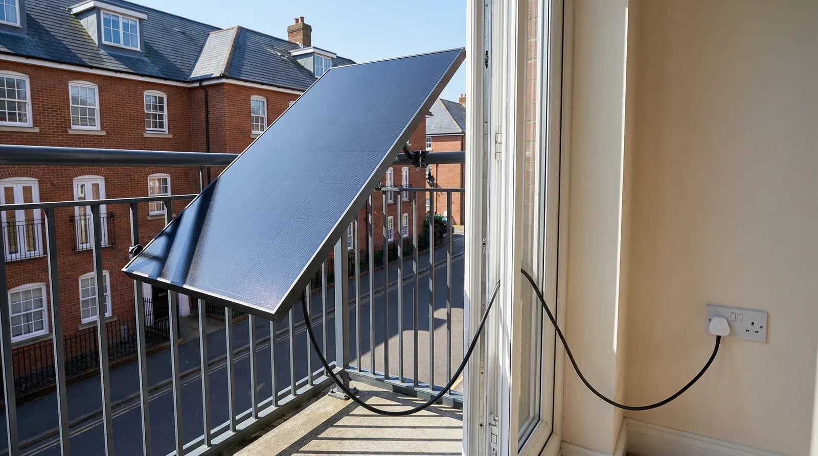 Plug-in solar panel mounted on a UK apartment balcony facing the sun