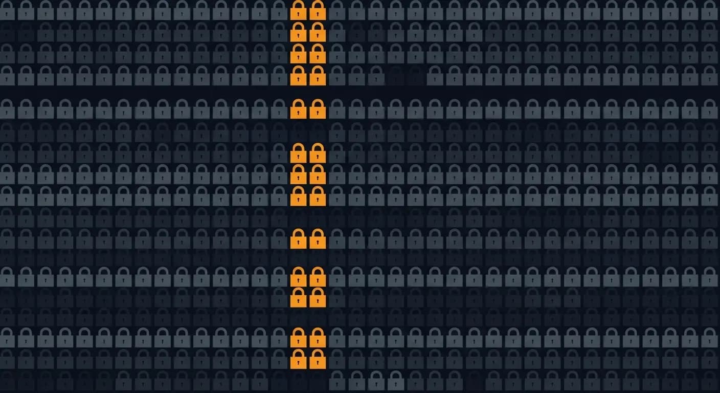 Illustration of a large grid of padlocks with one narrow column picked out in amber, representing an inventory of encryption keys.