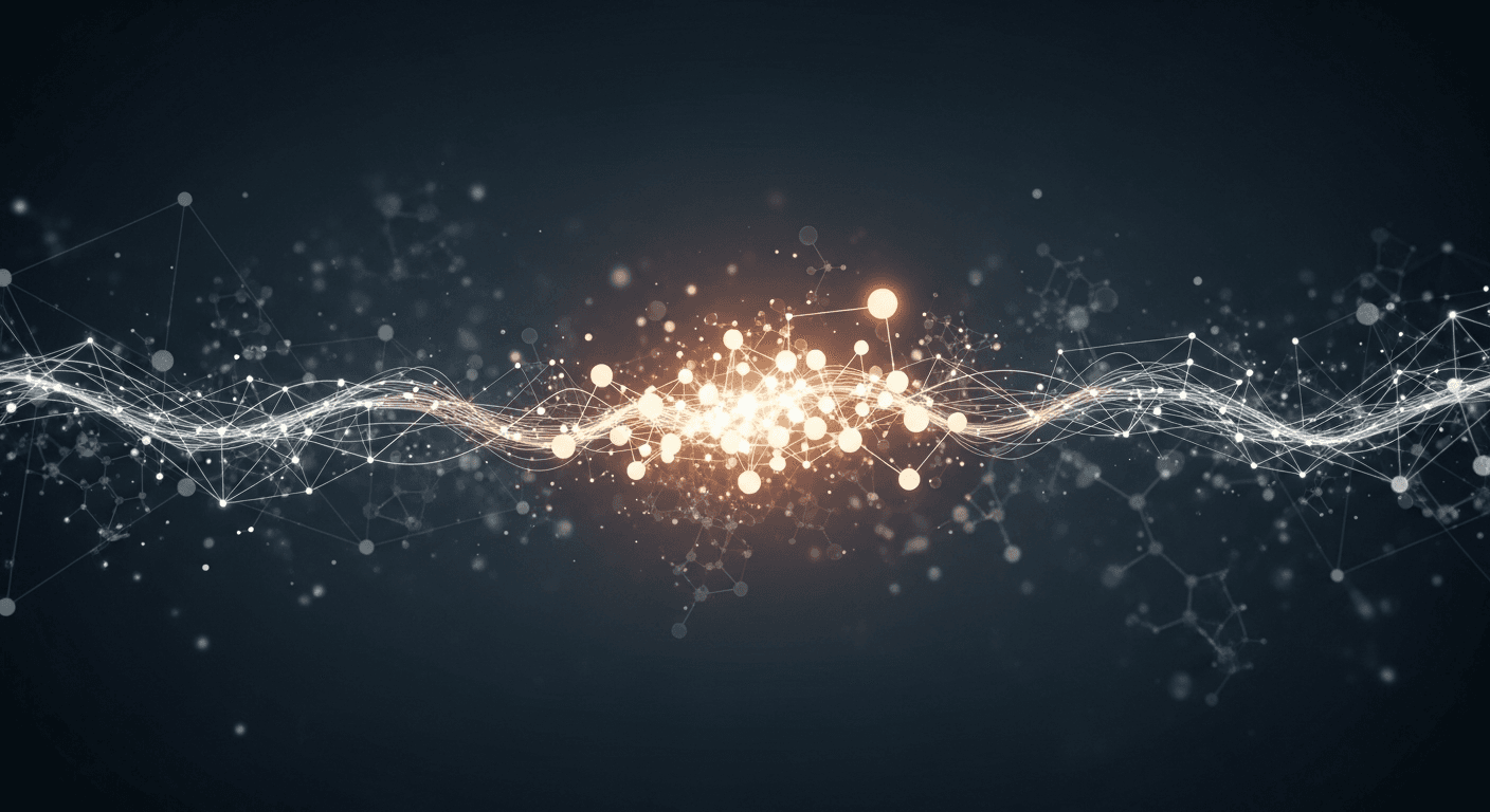 Illustration of quantum computing circuit nodes and molecular structures