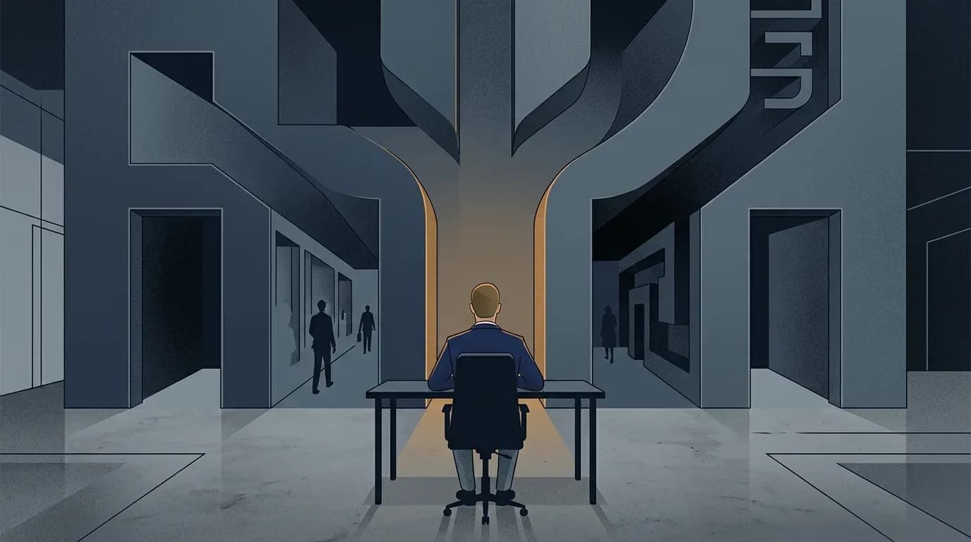 Illustration of a lone office worker at a desk facing a maze of branching corridors, representing choices about retraining for an AI-driven economy.