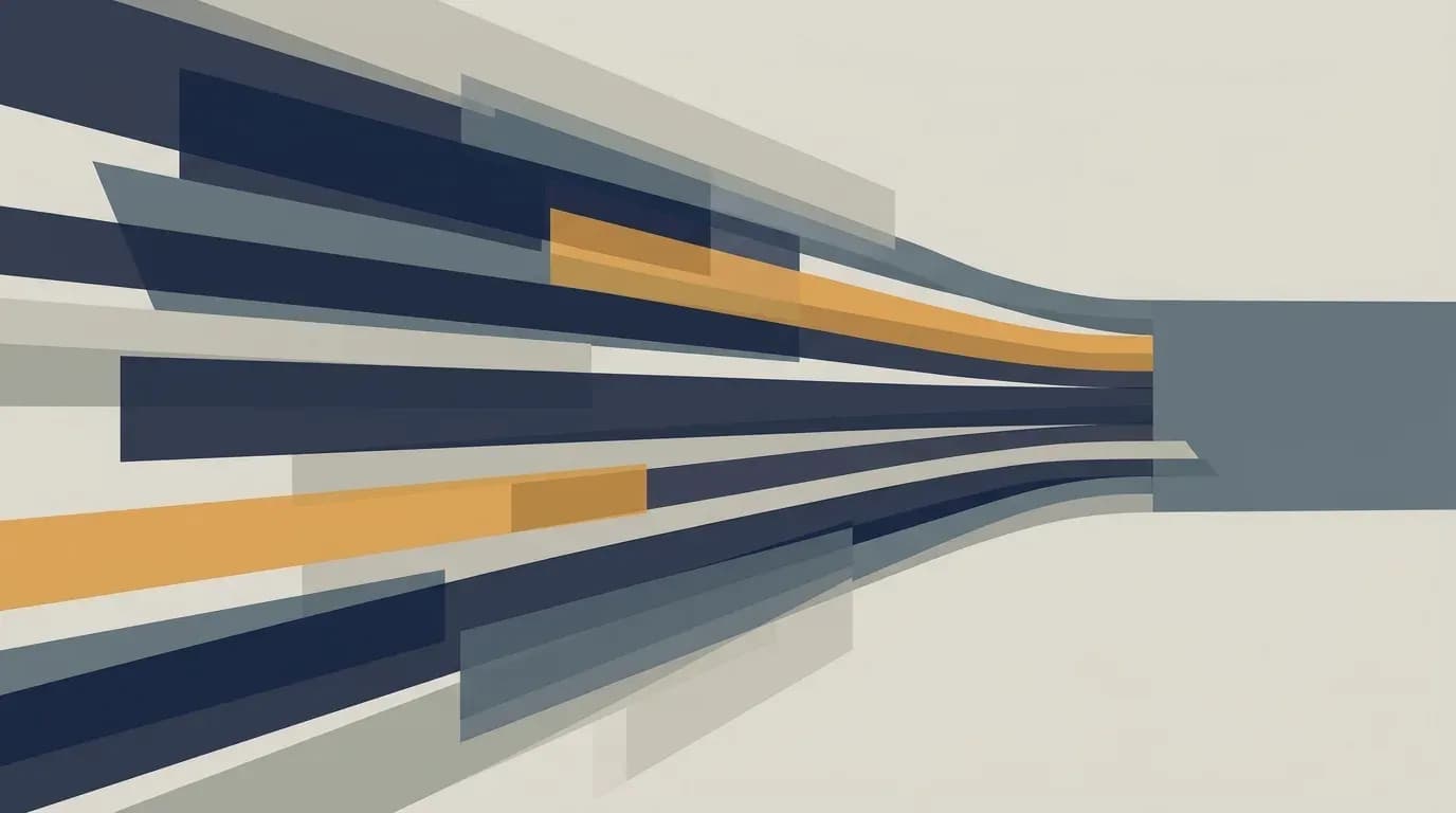 Illustration of many separate coloured bands running across the frame and drawing together into a single dark form at the right, suggesting separate firms merging into one.