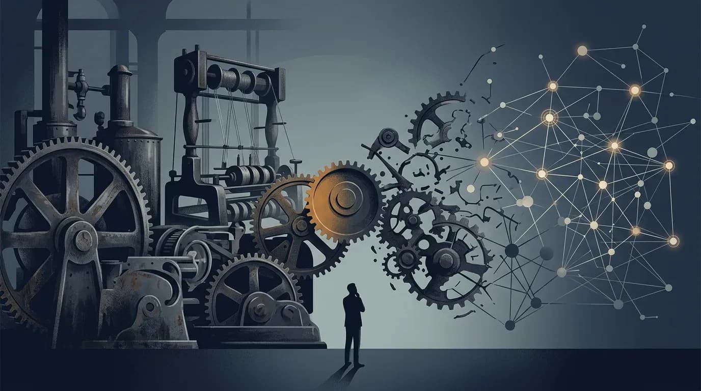 Illustration of industrial-era machinery dissolving into a network of glowing connected nodes, with a small human figure between them