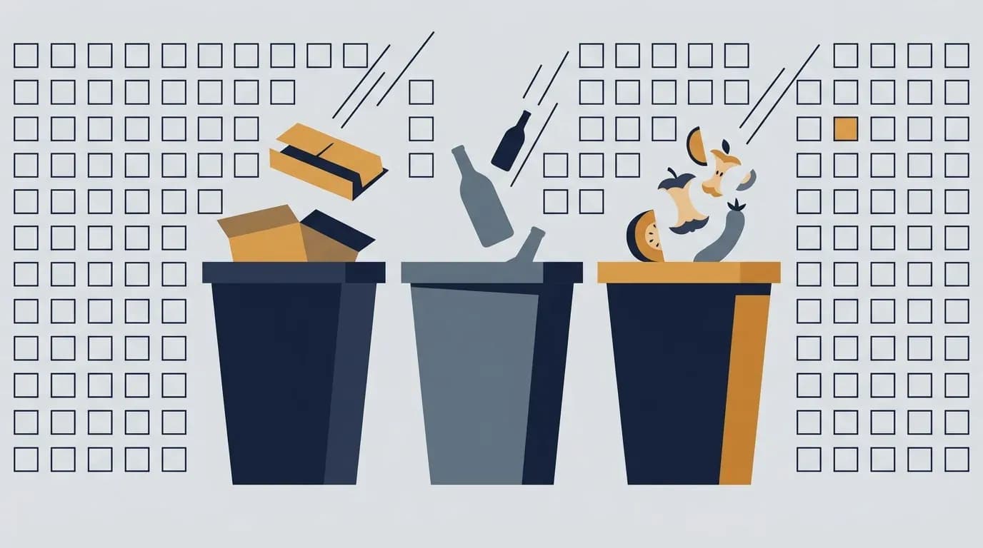 Illustration of three separate waste bins receiving card, a bottle and food scraps, against a grid of squares with one marked.