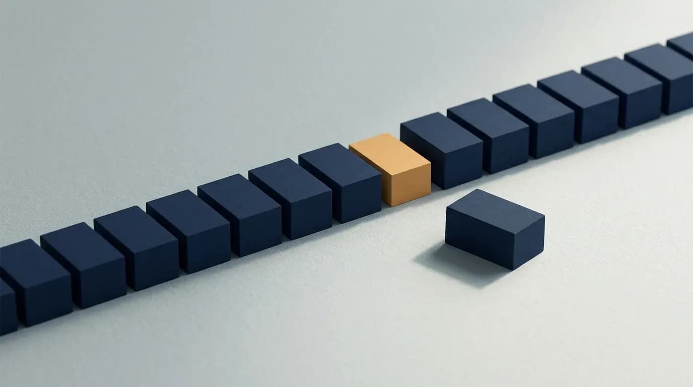 Illustration of a long row of identical dark blue blocks on a pale grey surface, with one block colored amber and one block lifted out of the line and set to the side.